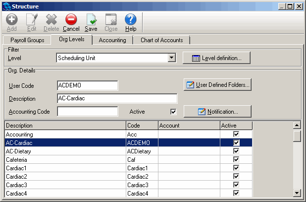 structure window, org levels tab, scheduling unit