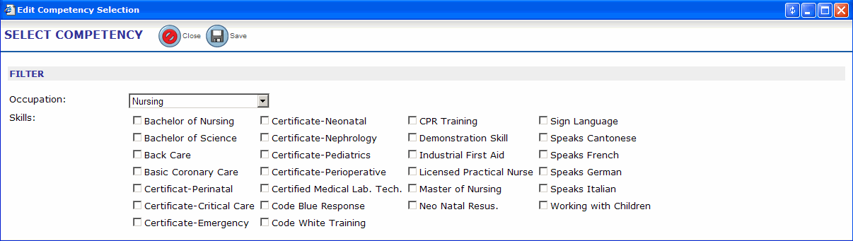 select competency search criteria dialog